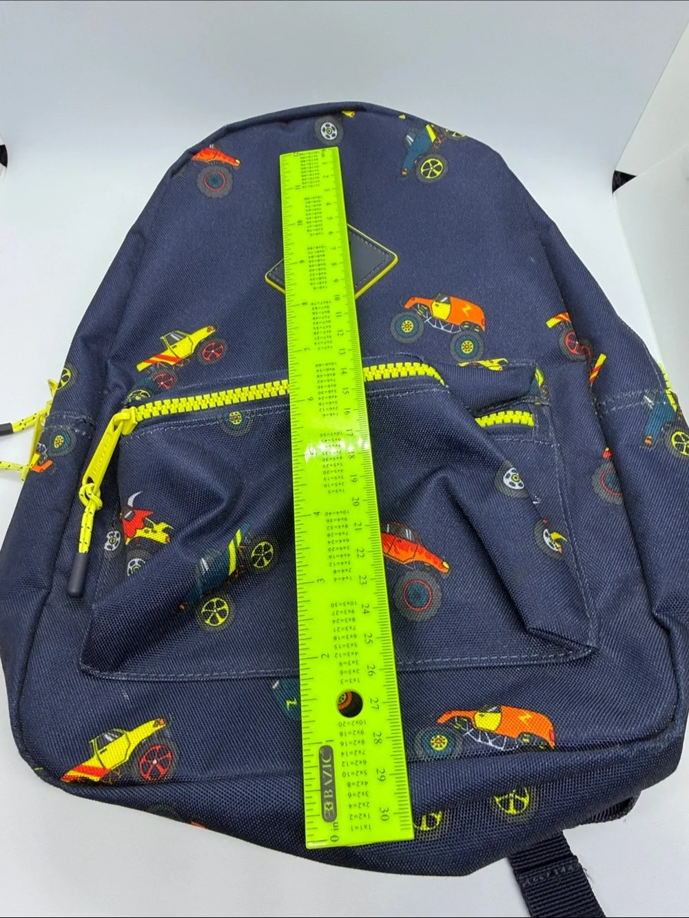 Navy Kids Backpack with Neon Yellow Accent and Racecar Print